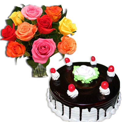 "Round shape chocolate flavor cake -1kg,12 mixed roses flower bunch - Click here to View more details about this Product